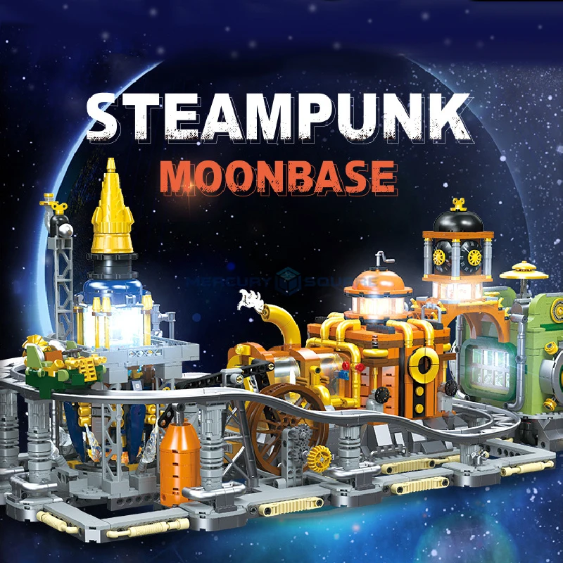 Steampunk Moon Base Model Building Blocks MOC JJ9114 Aerospace Limited Modular Architecture Bricks DIY Gift Ideas Toy Kid Aldult