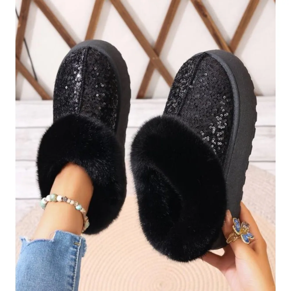 Soft Fur Women\'s Shoes Platform All-Match Round Toe Crystal Casual Female Sneakers Clogs Moccasin New Glitter Winter Snow Boots