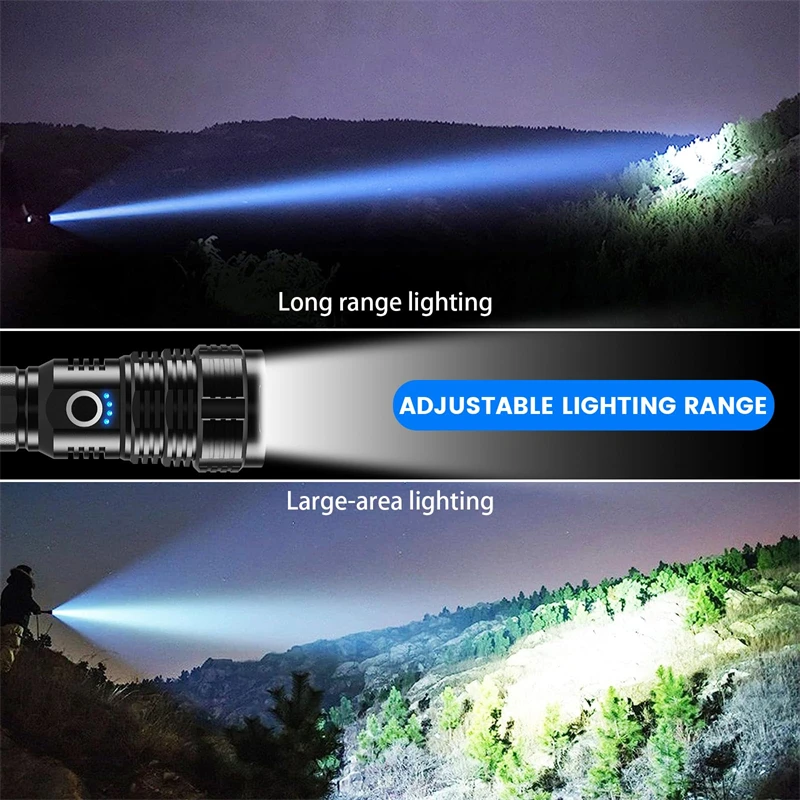 USB recarregável super brilhante lanterna led, impermeável, poderoso, alto lúmens, 5 modos, camping, andando, 250000