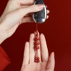 Natural Cinnabar Lotus Car Keychain Chinese Style Lucky Phone Chain Bag Pendant Hanging