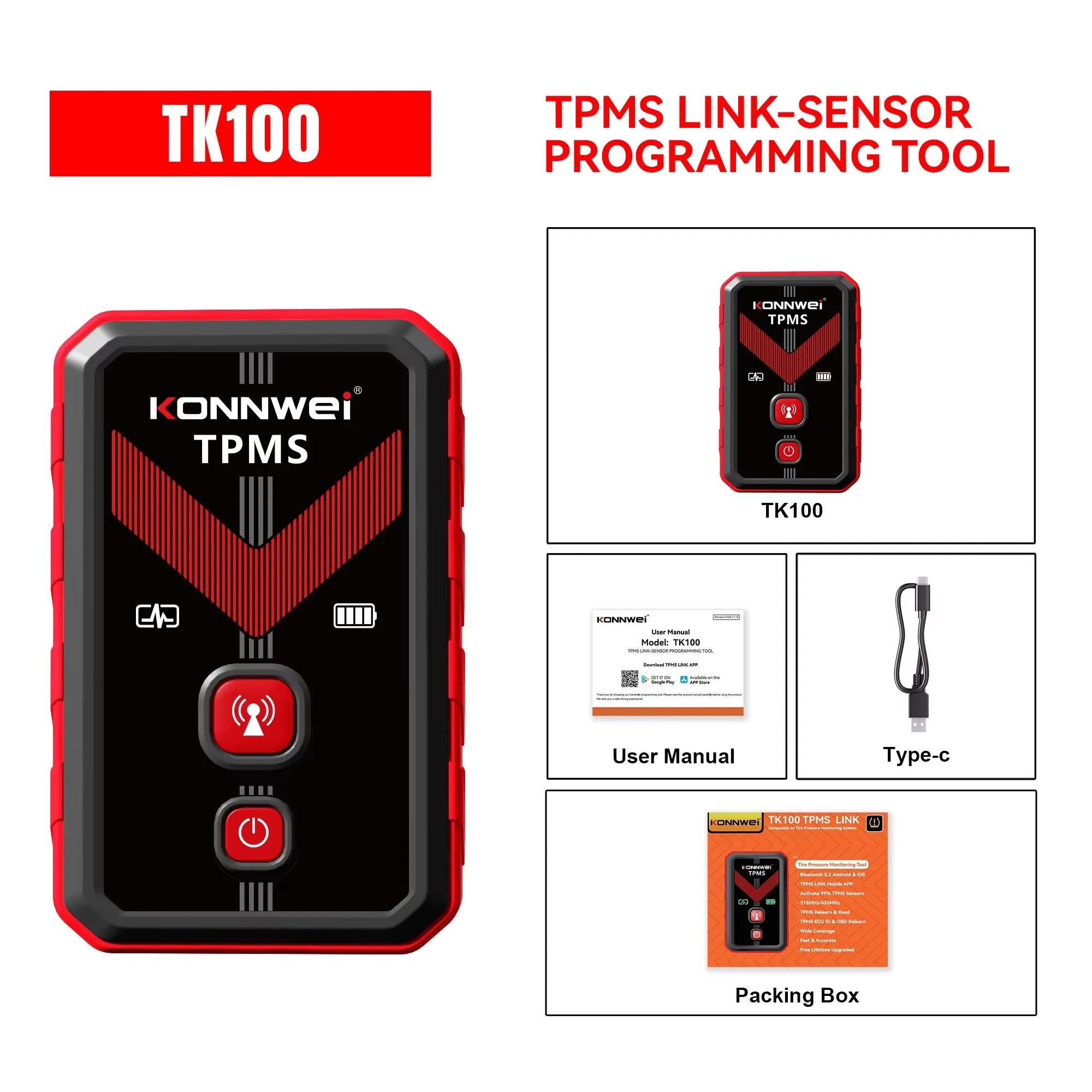 KONNWEI TK100 TPMS Programmeertool Bandenspanningssensor Activator 315/433MHz OBD Relearn TPMS Levenslange Gratis Update voor Alle Auto's