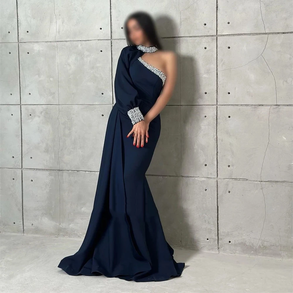 

Customized Yipeisha SImple Deep Blue Jersey Mermaid Evening Dresses One-Shoulder With Crystal Beading A-line Pleat Formal Pagean