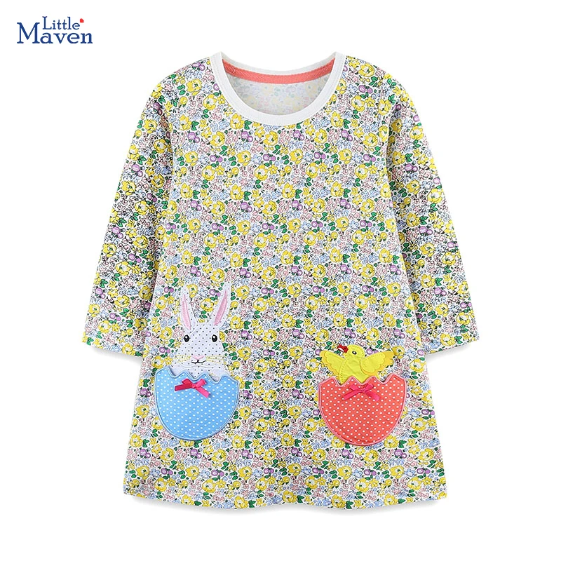 Little maven Kids Clothes Children's Clothing Baby Girls 2024 Autumn Spring Cotton Long Sleeves Cartoon Flowers Casual Dresses