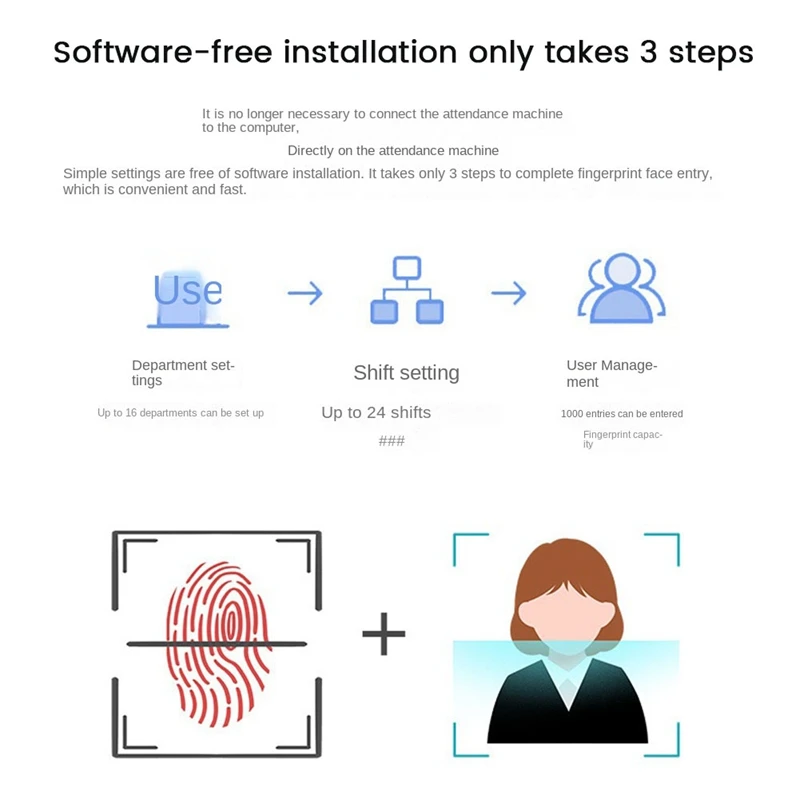 Schwarzes Anwesenheitsgerät, biometrisches Anwesenheitssystem, 1000 Fingerabdruckkapazität, unterstützt USB-Treiber, Download EU-Stecker
