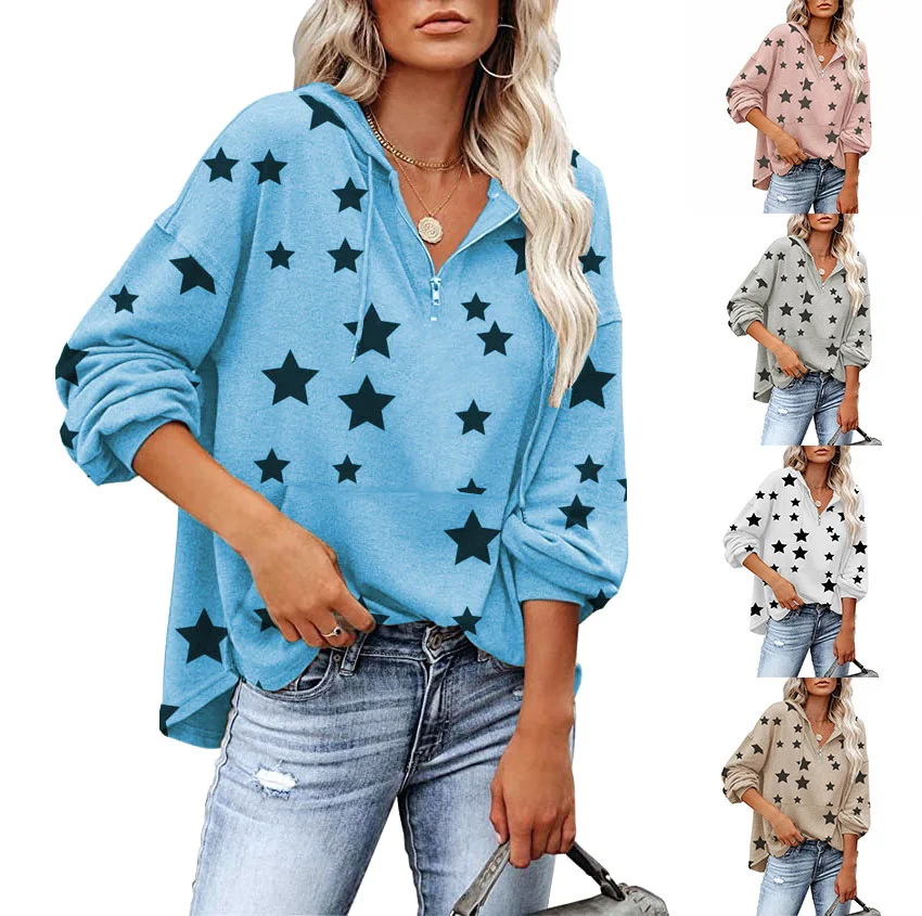 Woman Sweater autumn/winter Long Sleeve Hooded Star Printing Drawstring Fashionable woman's Coat Dropshipping SZLZLGY318
