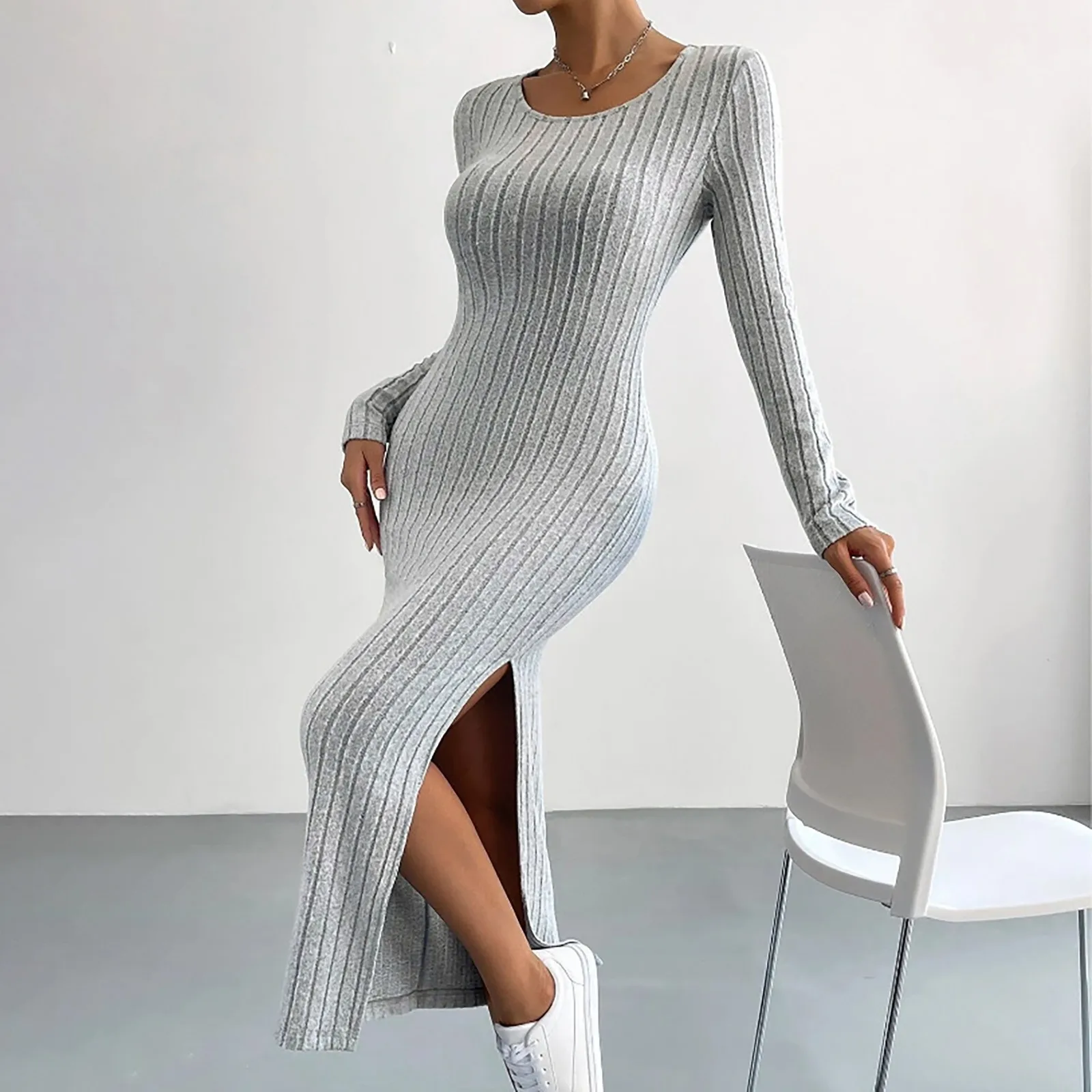 Female Autumn Winter Knit Dresses Casual Elegant Stretchy Long Sleeved Slim Vintage Fashion Dress Robe Women Vestidosr Clothing