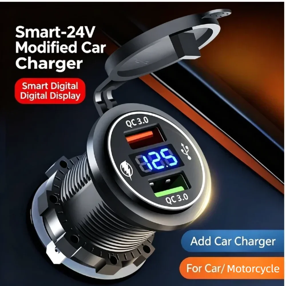 USB-Autoladegerät mit Dual-QC3.0-Anschluss, USB-Port mit LED-Voltmeter, Schnellladung, wasserdicht, für 12/24V Fahrzeuge, Motorräder, Wohnmobile und Boote – Detail 1