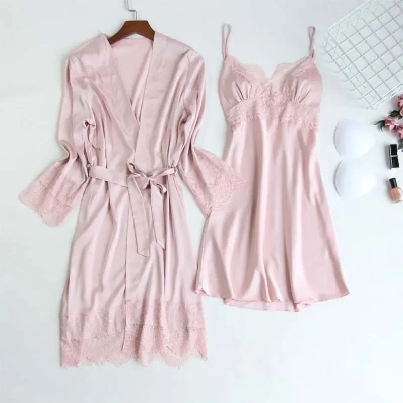

MECHCITIZ 2022 silk women robe gown sets spring summer bathrobe sleepwear dress 2 pieces pyjamas nightwear lace home clothes