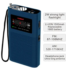 rd207 Pocket AM FM Portable Transistor Radio Powerful Flashlight Powered by 1500mah Battery (Included),Best Reception