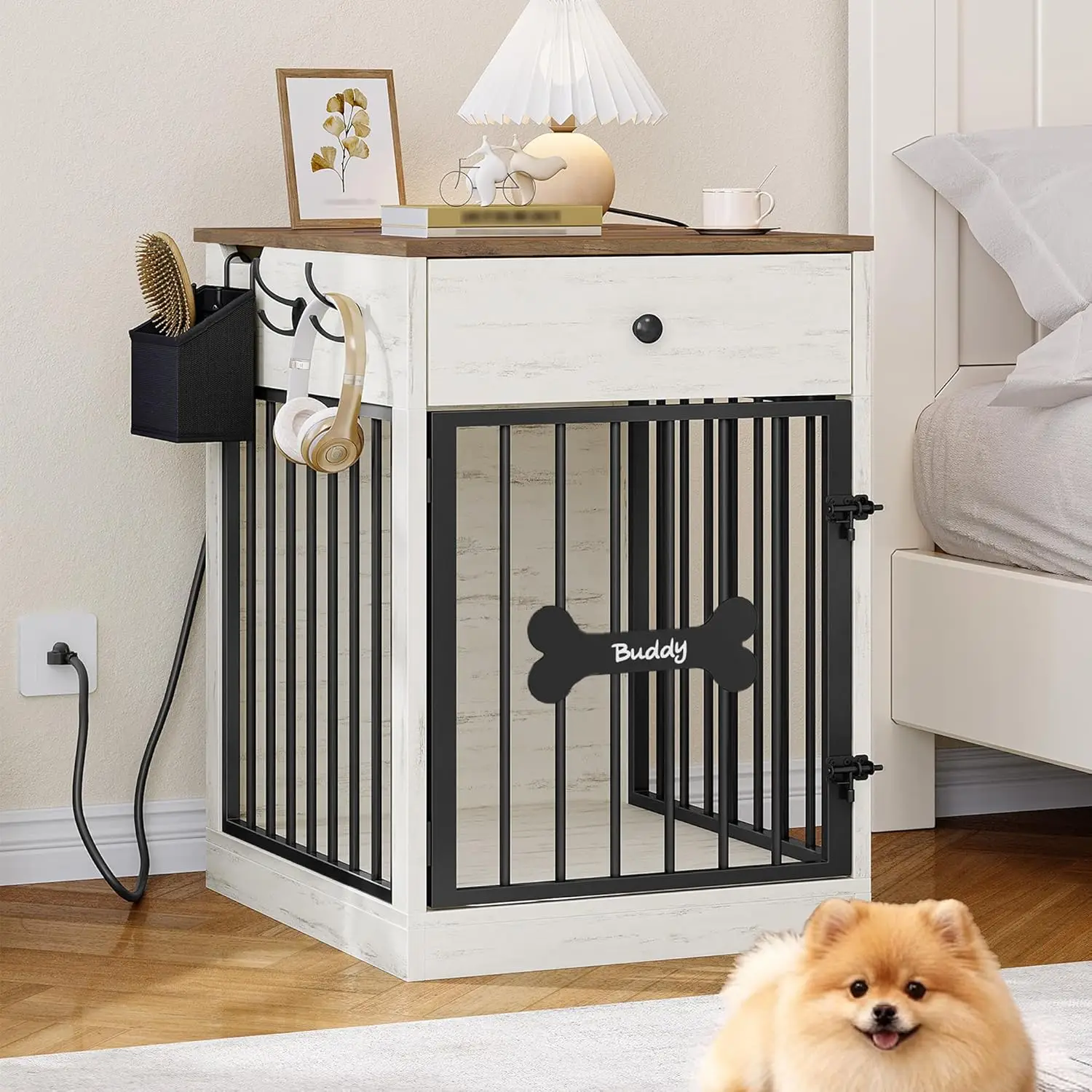 

24.6'' Dog Crate Furniture with Charging Station, Flip-Top Storage, Anti-Chew Pet Cage for Small Dogs, White Brown