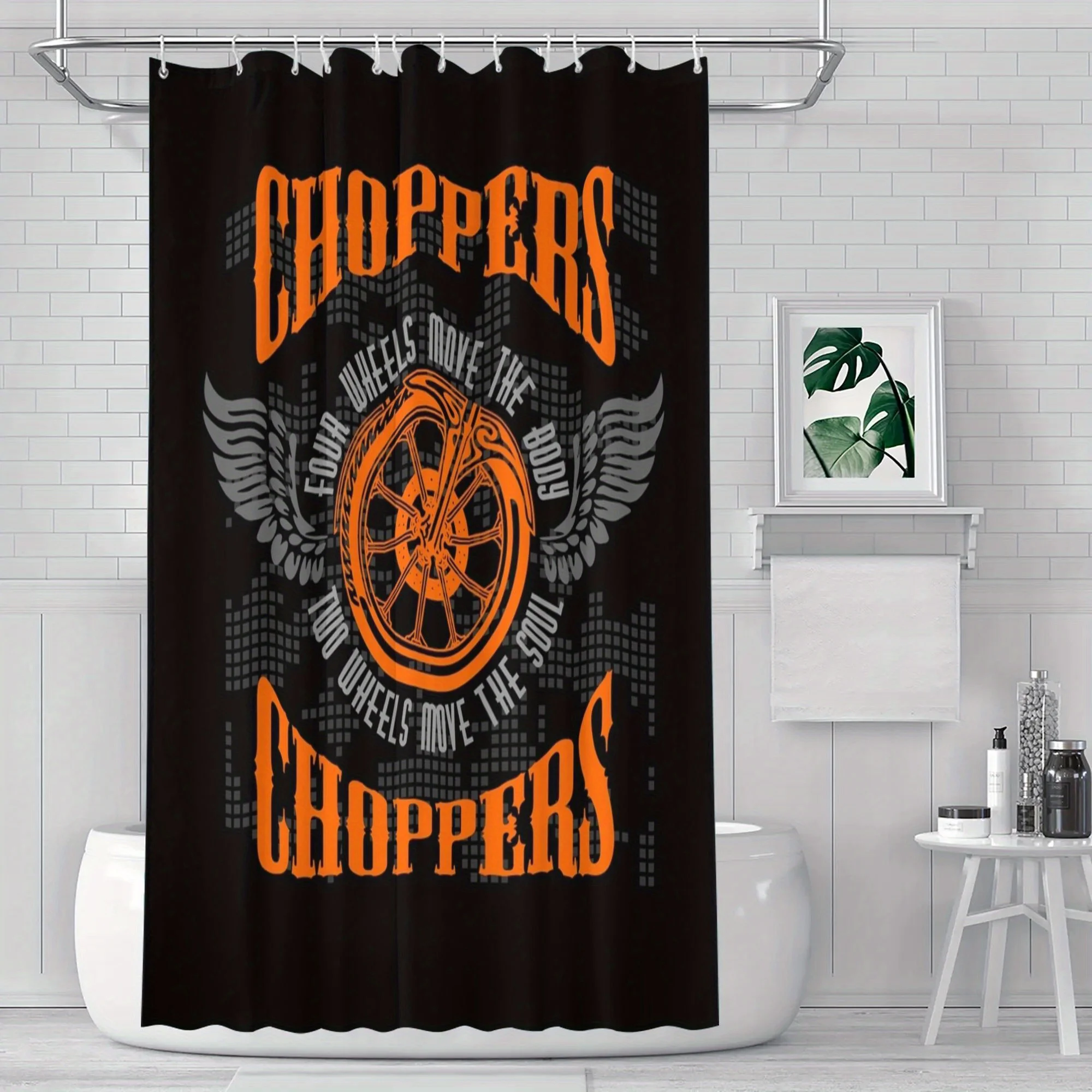 Retro Choppers Motorcycle Shower Curtain, Vintage Biker Wings Wheel Waterproof Bath Curtain, Industrial Garage Bathroom Decor