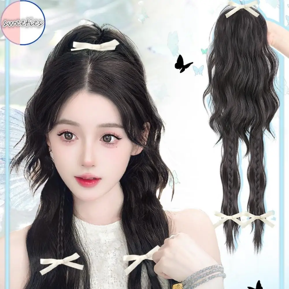 

Y2K Dopamine Bowknot Clip Simulation boxing braids Clip-on ponytail wig woman ballet style high horsetail wigs Hair Extension