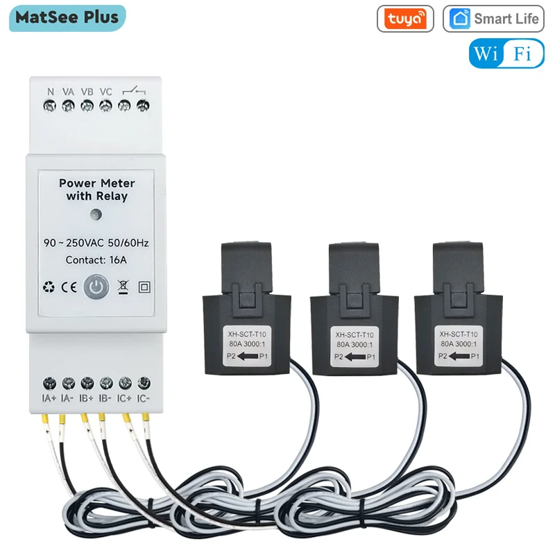 Medidor de energía WiFi bidireccional, dispositivo con interruptor de contacto seco, alimentación de importación y exportación, 80A, AC110V/240V, Tuya Smart Life, 3 fases