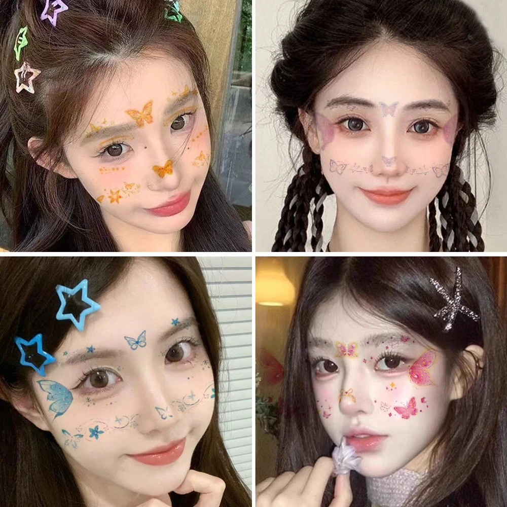 10pcs Colorful Glitter Butterfly Face Makeup Tattoo Stickers Cute Flower Temporary Tattoos for Holiday Performance Eyebrow Decor