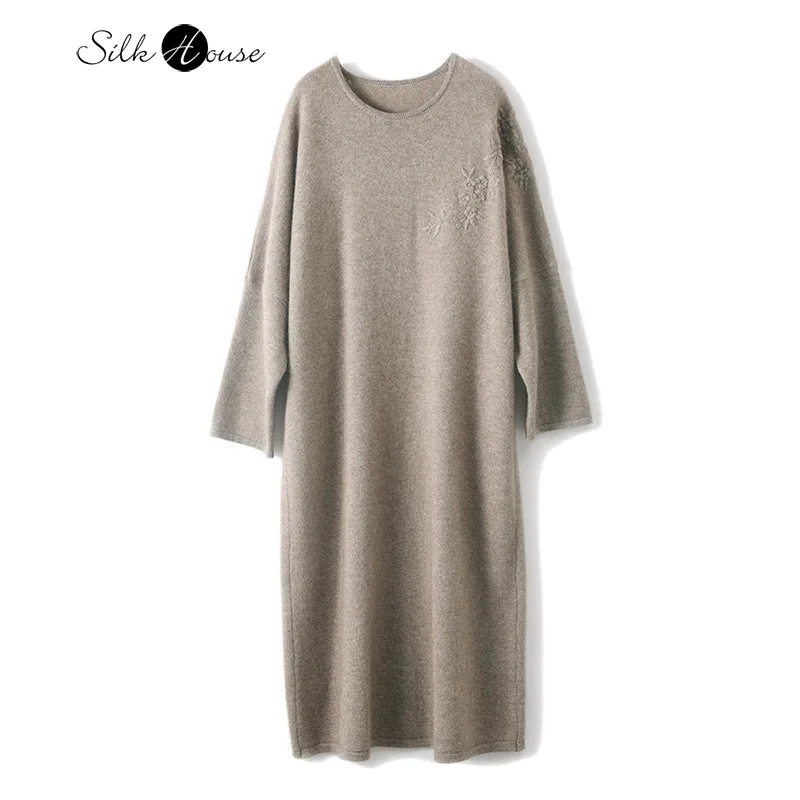 2024 Women's Fashion Autumn/Winter New 100% Wool Round Neck Loose Cocoon Style Round Neck Long Sleeve Knitted Bottom Dress