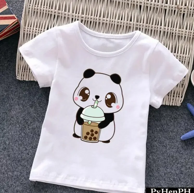 Lovely Kids T Shirt Hot Sale Cartoon Panda Graphic Tees Cute Milk Tea Printed Baby Boys Girls Children Toddler Clothes