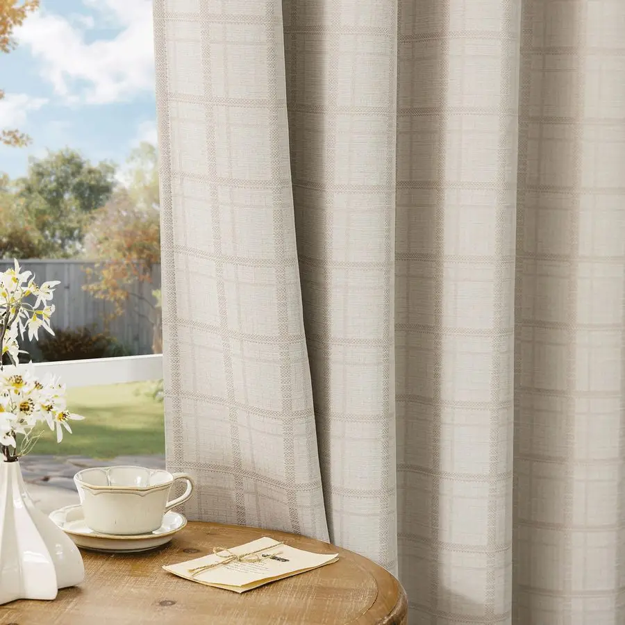 

Beige Plaid Jacquard Blackout Curtains 84 Inches Long 2 Panels for Bedroom Living Room Gingham Checkered Room Darkening Thermal