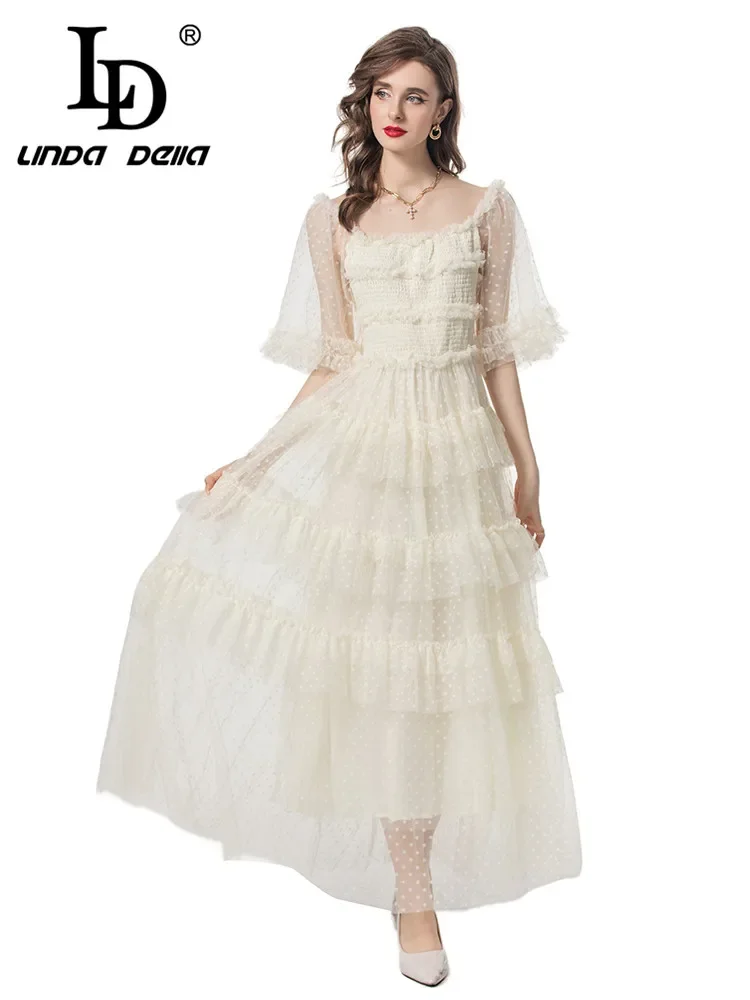 

LD LINDA DELLA Summer Runway Fashion Dress Women's Net Yarn Polka Dot Cascading Ruffle Elastic Waist Backless Chiffon Dresses