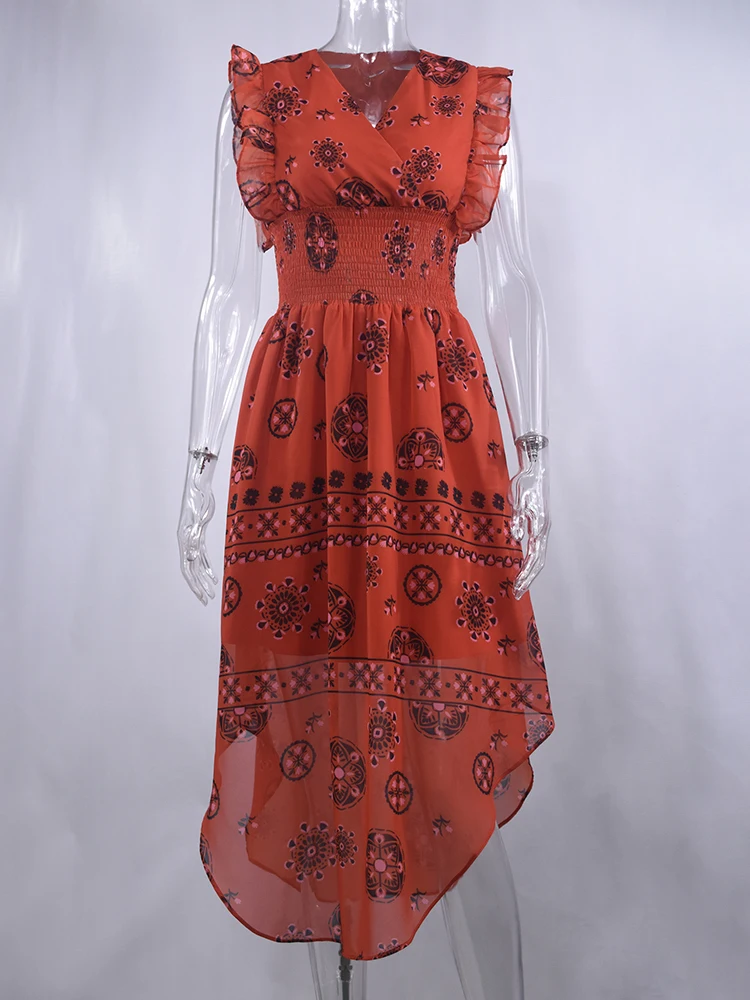 Verano Mujer Vintage patrón de comportamiento smockeed Ruffle Midi vestido Sexy sin mangas rojo vestidos largos 2024 moda