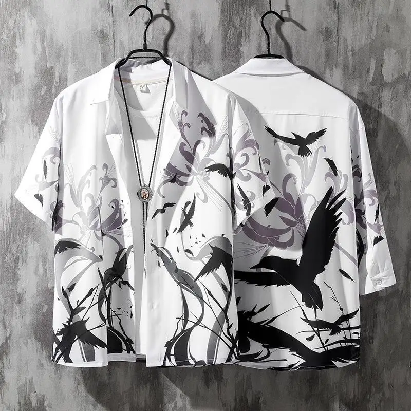 Men's Summer Seven-sleeve Shirt Trendy Short-sleeve Loose Ancient-style Long-sleeve Shirt and JacketYY37