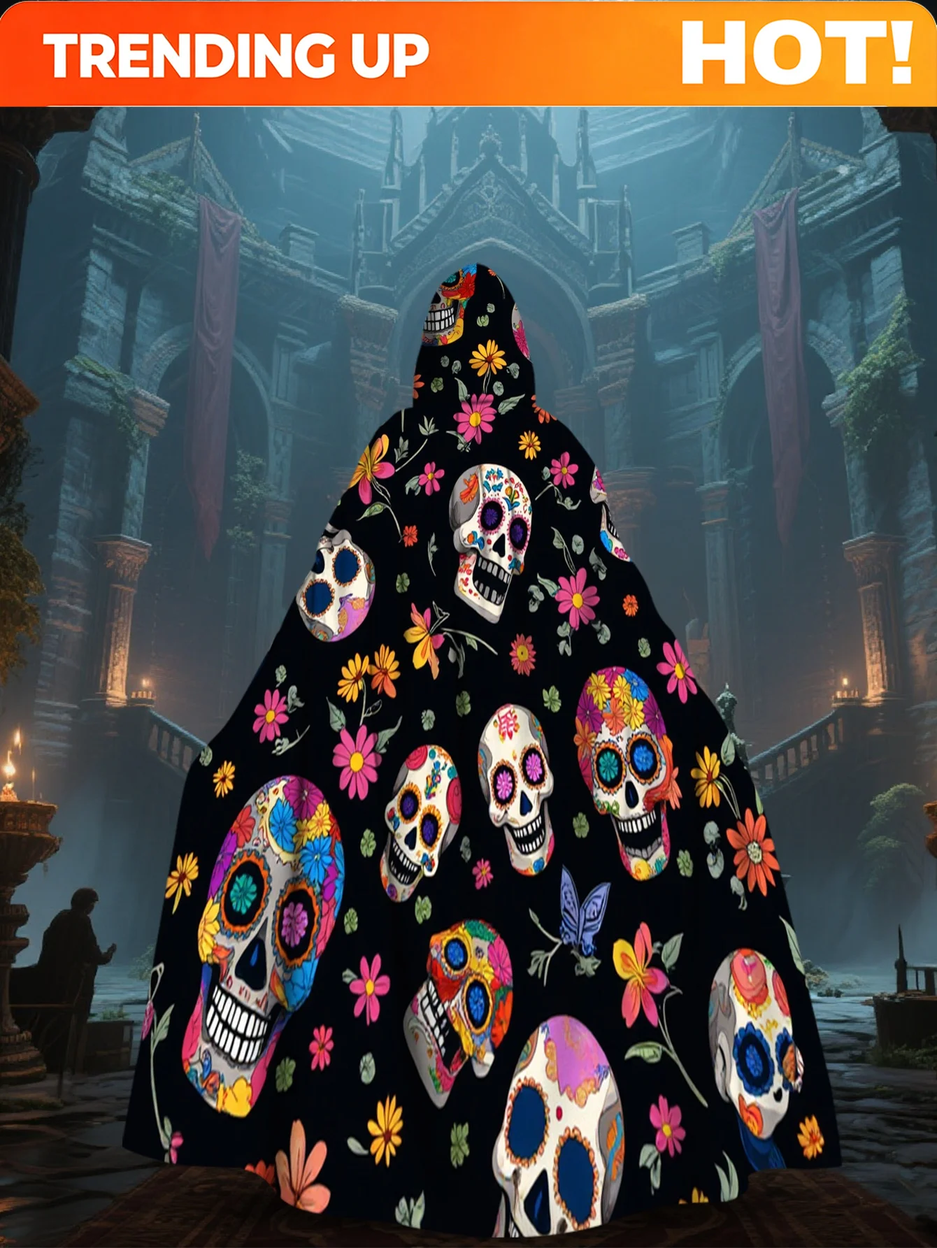 Customization 1pc LianyaoShi Selection 2D Flat Printing Day Of The Dead Elegant Beautiful Hooded Cape Skull Garden 100% Polyeste