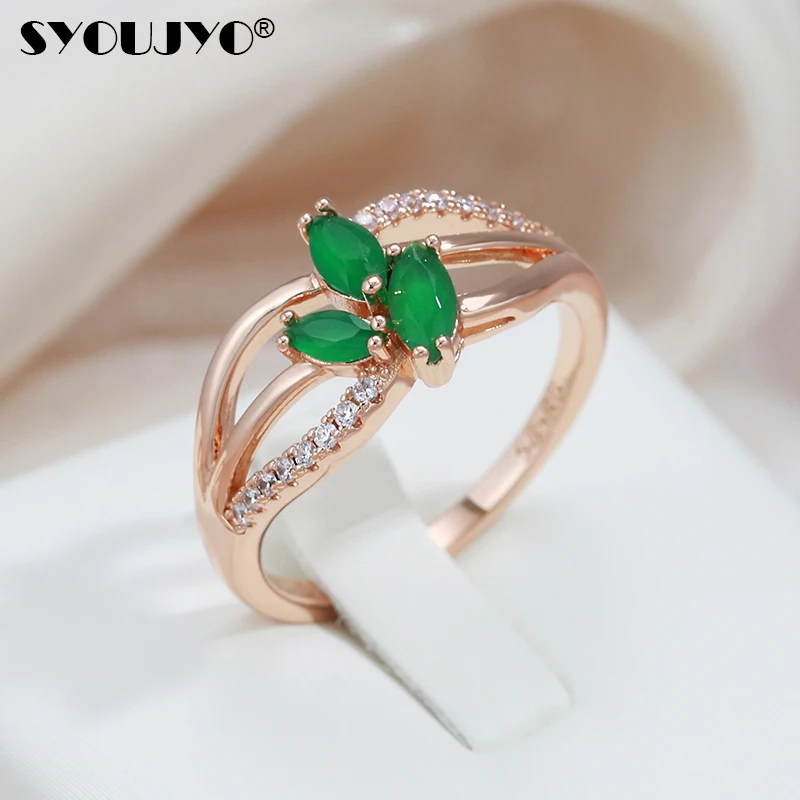 SYOUJYO Green Leaf Natural zircone anelli alla moda per le donne 585 Rose Gold Color Fine Jewelry Vintage Party diserbo anelli di lusso