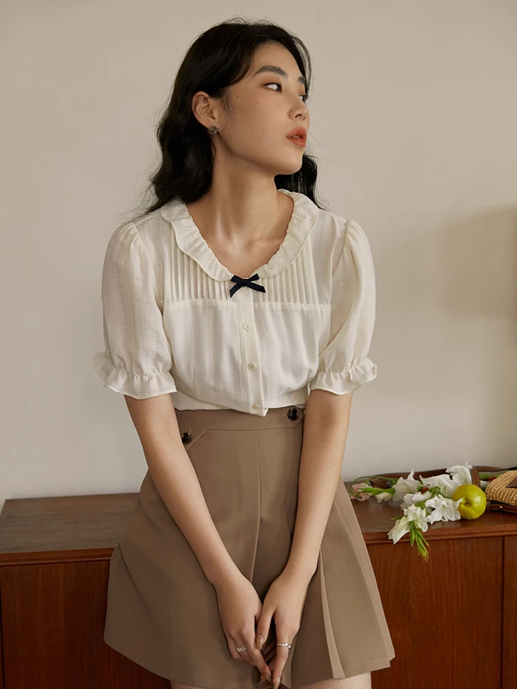 DUSHU Simple French Sweet Ruffled Accordion Pleated Shirt for Women Summer New Slimming Thin Age Reducing Shirt Top Female