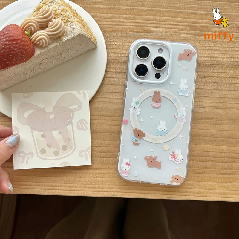 Kawaii Miffy الهاتف قذيفة مناسبة آيفون 17 16 15 14 الكرتون المغناطيسي حامل بوريس و Snuffy مكافحة قطرة جراب هاتف فتاة الهدايا