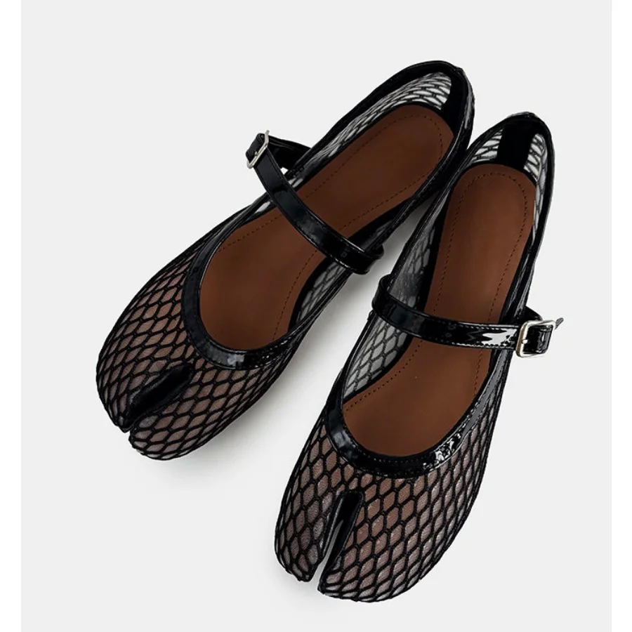 Women Fishnet Mesh Split Toe Mary Jane Flats Black Single Strap Buckle Casual Daily Dress Hollow Shoes
