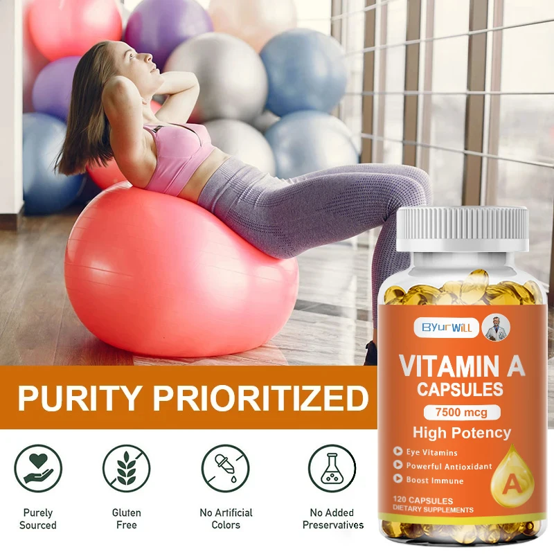 ByurWill Eyes Vitamin A Supplement , 7500mcg, Improve Vision, Resist Fatigue Improve Eyes Clarity Promote Growth and Development