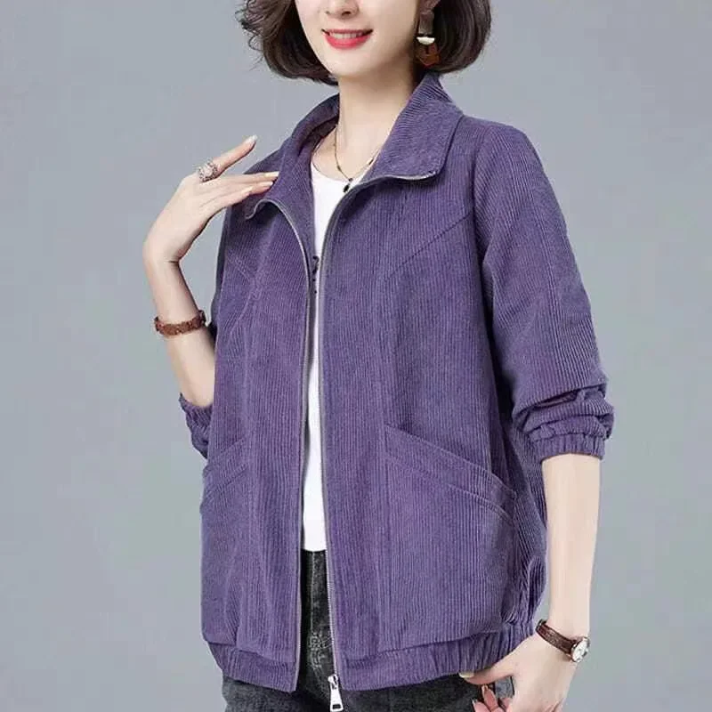 Corduroy Short Jacket Women's Lapels Loose Long-sleeved Zipper Coat Solid Casual Middle-aged Mother Female Outwear Clothing