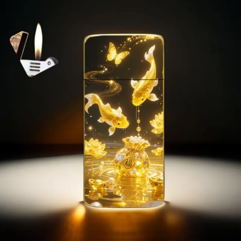 New Enamel Craft Metal Gass Lighter Ultra Thin Gold Pattern Portable Windproof Lighter Creative Gift for Men Business Daily Use