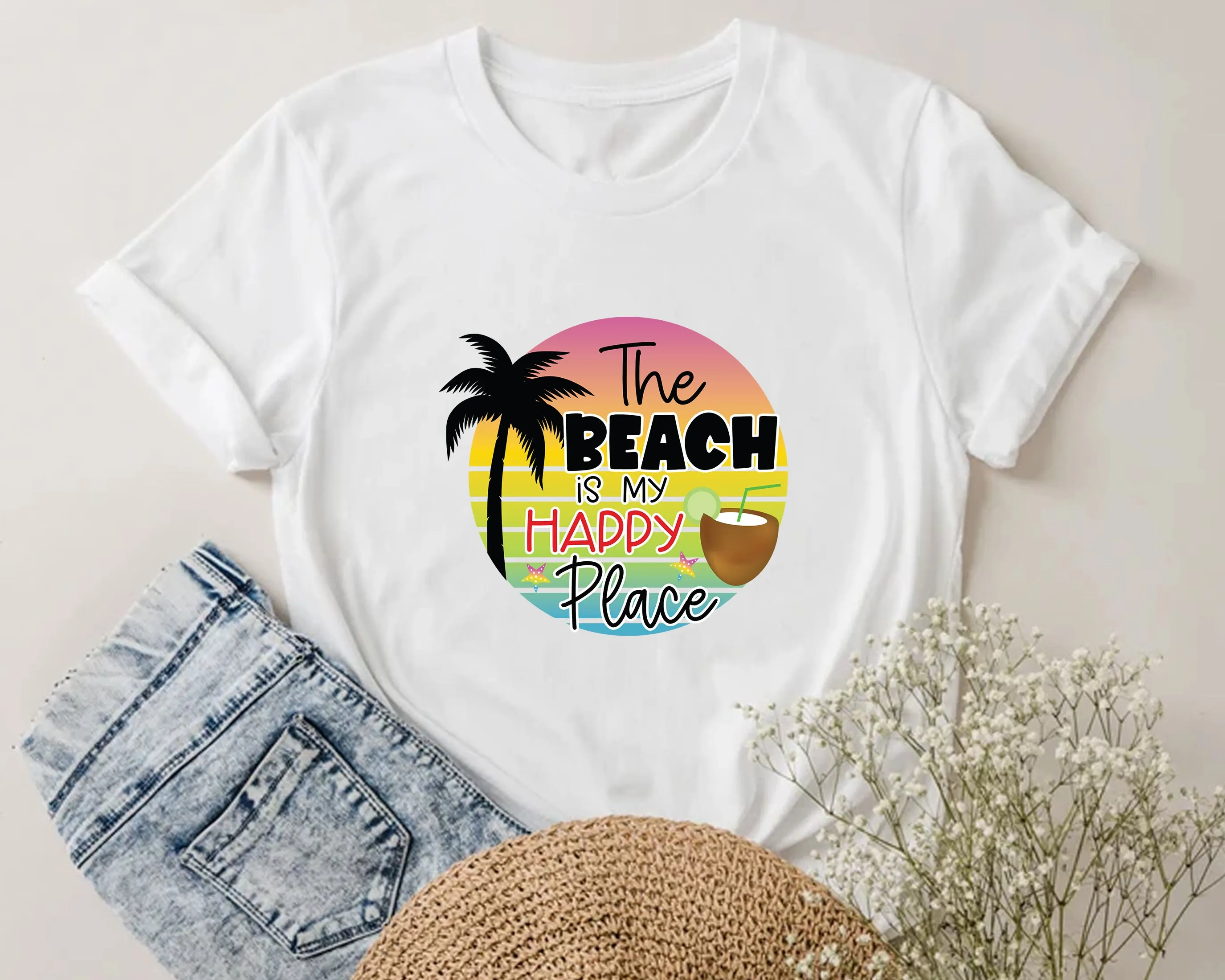 Camiseta de la playa es mi lugar feliz para vacaciones, Primavera al aire libre, verano, Love Take Me To