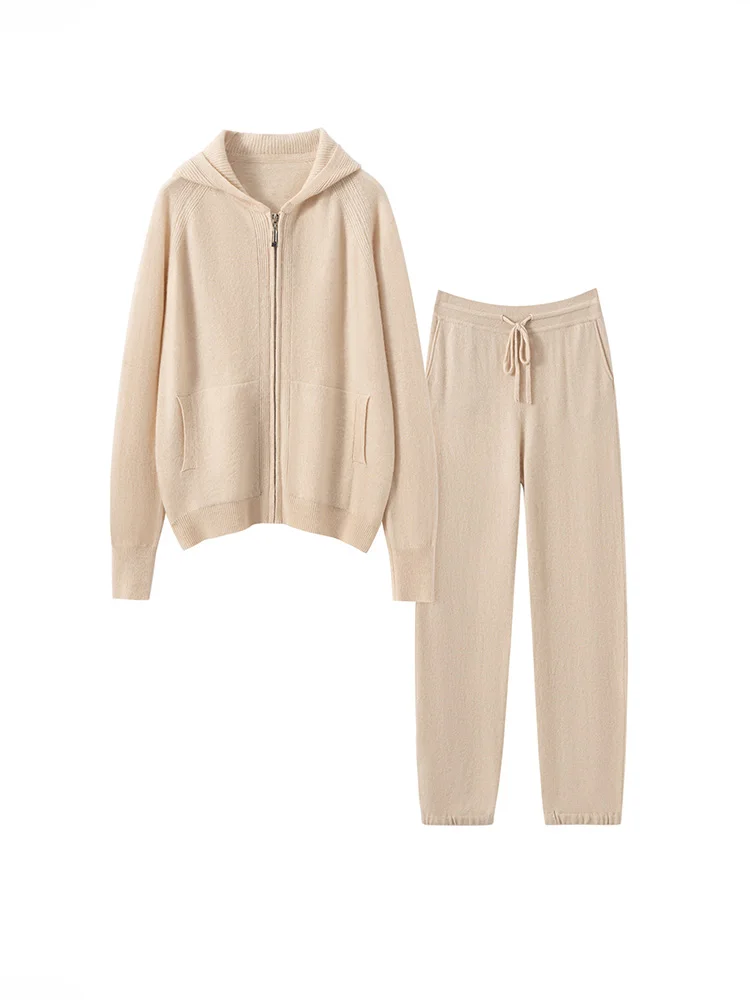 2025 Basic Women's Tracksuit Autumn Winter Casual 100% Cashmere Hooded Cardigan Sweater Zipper Soft Warm Knitwear Two Pieces Set