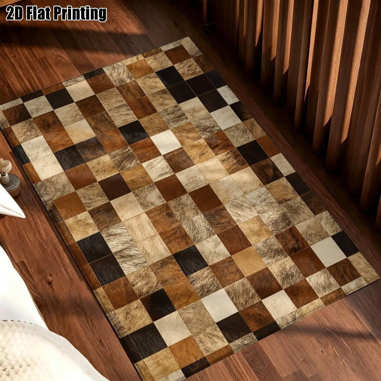 1Pc 2D Printed Carpet: Brown & Black Geometric Square Patterns, Nordic/Instagram-Inspired, Modern Minimalist Vintage Style, Machine Washable, Multi-Size, Ideal for Home Decor, Entryway/Dining Room/Foyer/Bedroom/Living Room