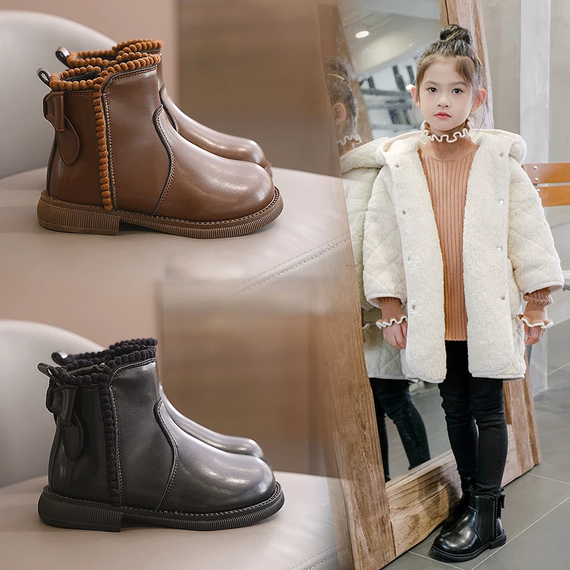 Girls\' Ankle Boots Round Head Anti Slip Children Short Boots with Sweet Bow 2024 New Girls\' Chelsea Leather Boots with Side Zip