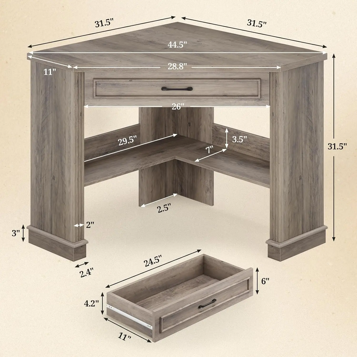 Triangle Computer Desk with Drawer & Storage for Small Space Home Office Bedroom, 31.5
