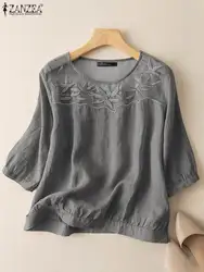 ZANZEA-Blusa de manga 3/4 con cuello redondo para Mujer, Tops de retales de malla, camisa informal holgada con bordado Floral, Blusas de trabajo para Mujer