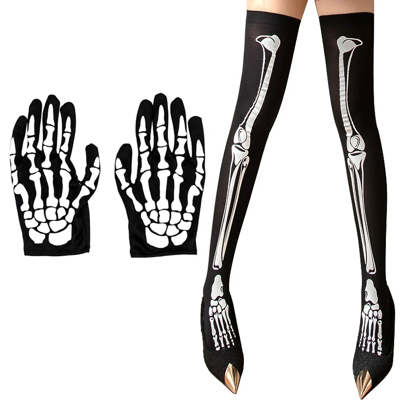 

2Pair/Set Women White Skeleton Gloves Halloween Easter Party Skull Socks High Thigh Socks Cosplay Costume Accessory