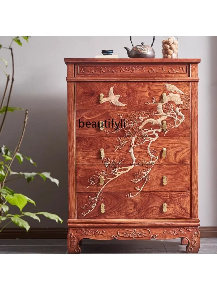 Rosewood Carved Chest of Drawers Pterocarpus Erinaceus Poir. Rosewood Locker New Chinese Style Solid Wood Sideboard Cabinet