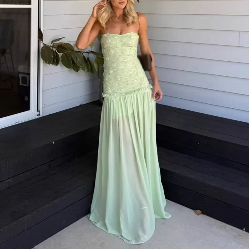 

Elegant Strapless 3d Flower Party Gowns Sexy Sleeveless Backless Solid Evening Dress Lady Fashion Embroidery Splicing Long Dress