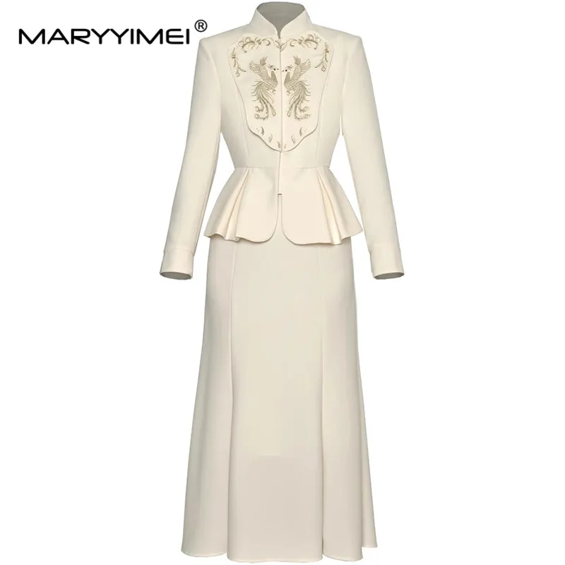 MARYYIMEI Fashion Chinese style Embroidery Women\'s Suit Stand Collar Long-Sleeved Tops+Slim Straight Skirt Vintage 2 piece set