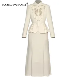 MARYYIMEI Fashion Chinese style Embroidery Women's Suit Stand Collar Long-Sleeved Tops+Slim Straight Skirt Vintage 2 piece set