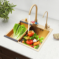 Drop In Gold Kitchen Sink Stainless Steel Sink Single Bowl Kitchen Sink Golden Sink+Drain+Soap Dispenser+Faucet+Drain Basket