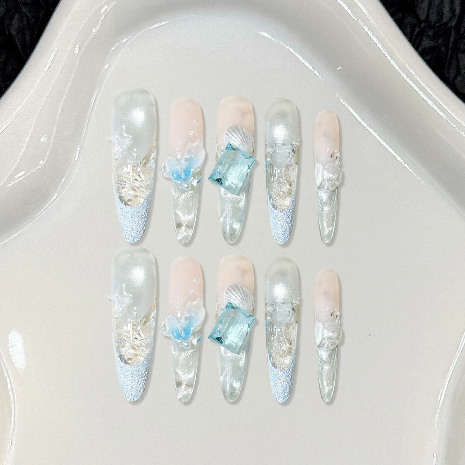 10pcs Ocean Princess Style Press On Nails with Zircon Conch Mermaid Tail Cat Eyes Translucent French Style False Nails