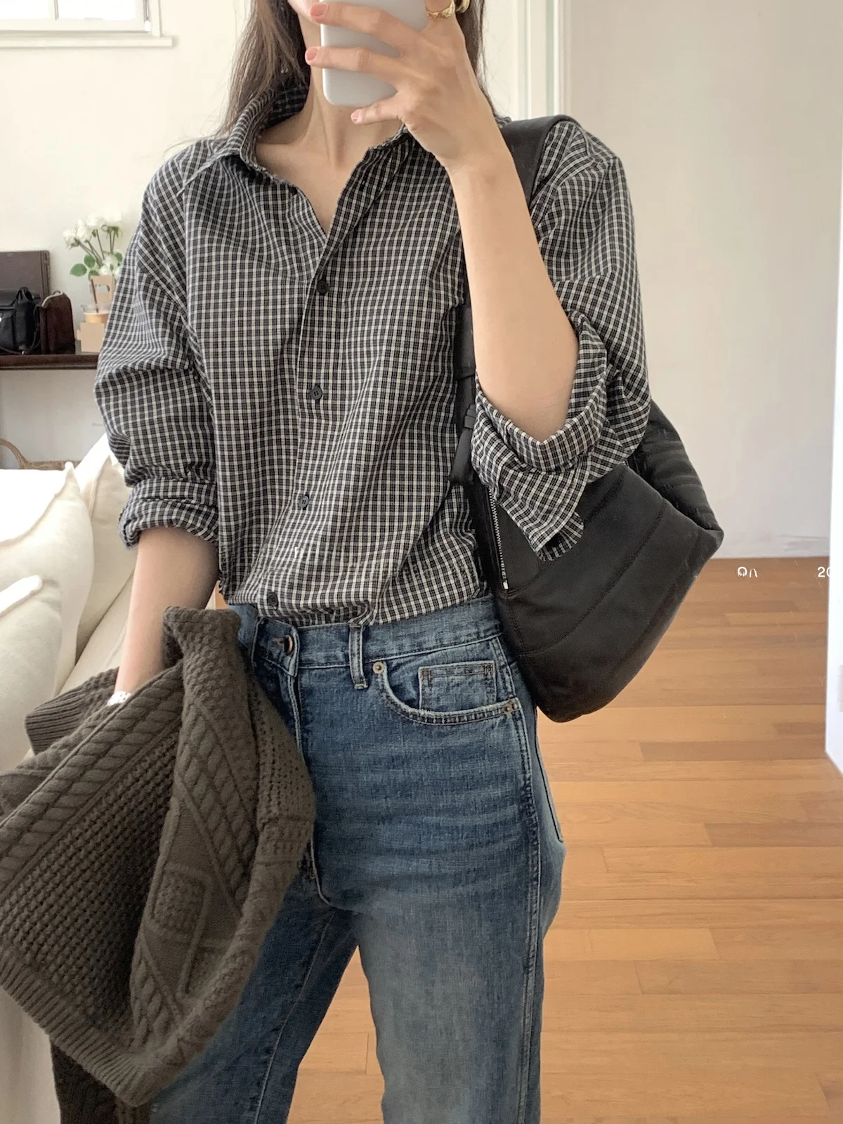 Koreanisches Design Langer Ärmel Bla Kariert Baumwolle Damen Locker Sitzend Herbst Neu Kleine Größe Kragen Knopfleiste