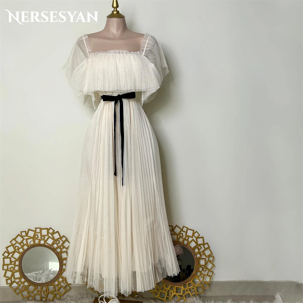 Nersesyan Elegant Solid Wedding Dresses Ruched Strapless A-Line Pleats Bridal Gowns Backless Short Flare Sleeves Bride Dress