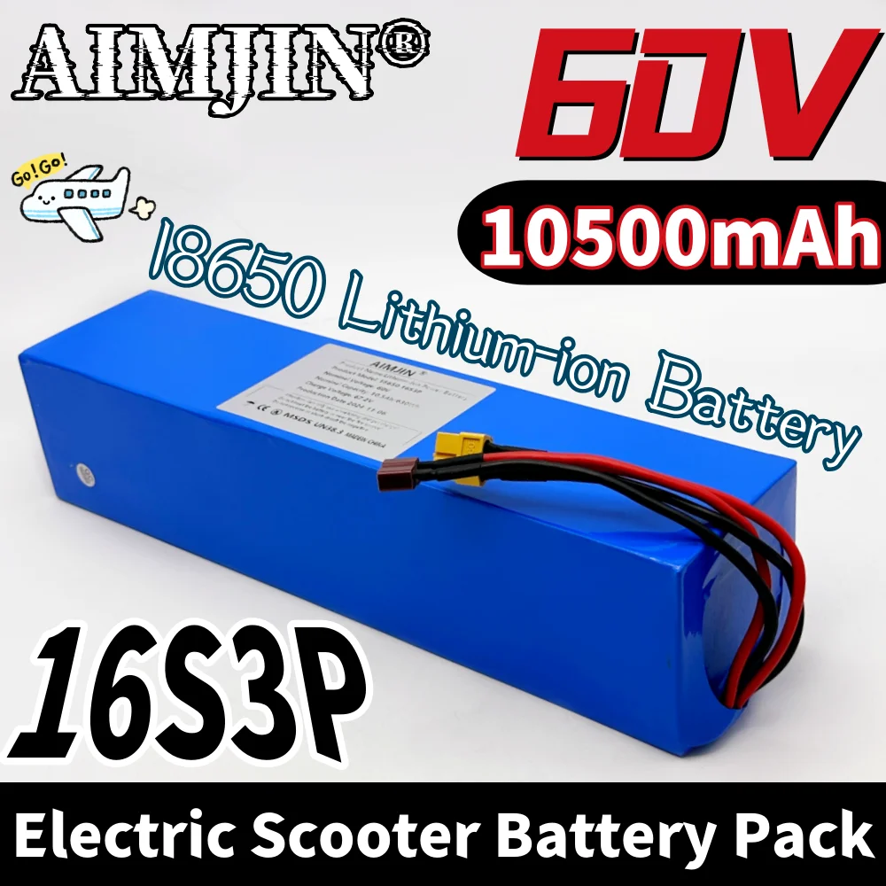 60V 10500mAh 18650 16S3P Lithium-ion Rechargeable Battery Pack With BMS 800-1200W High-power Motor For 67.2V Electric Scooter