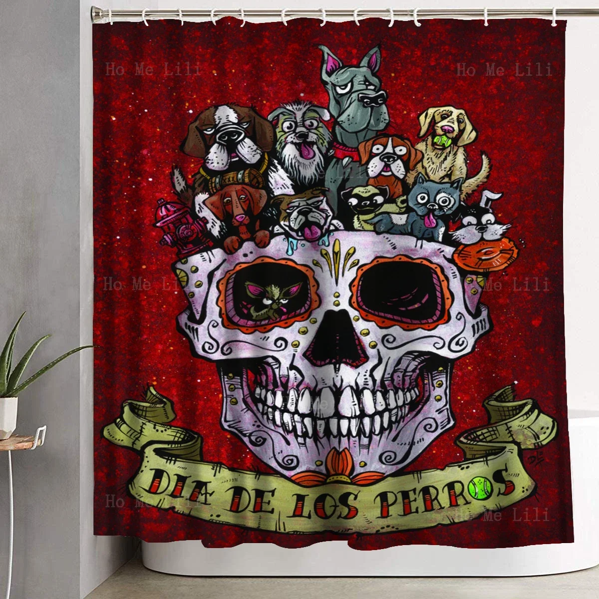 Day Of The Dead Art Dogs Cats Animals Halloween Mosaic Sugar Skull Mexican Traditional Style Shower Curtains