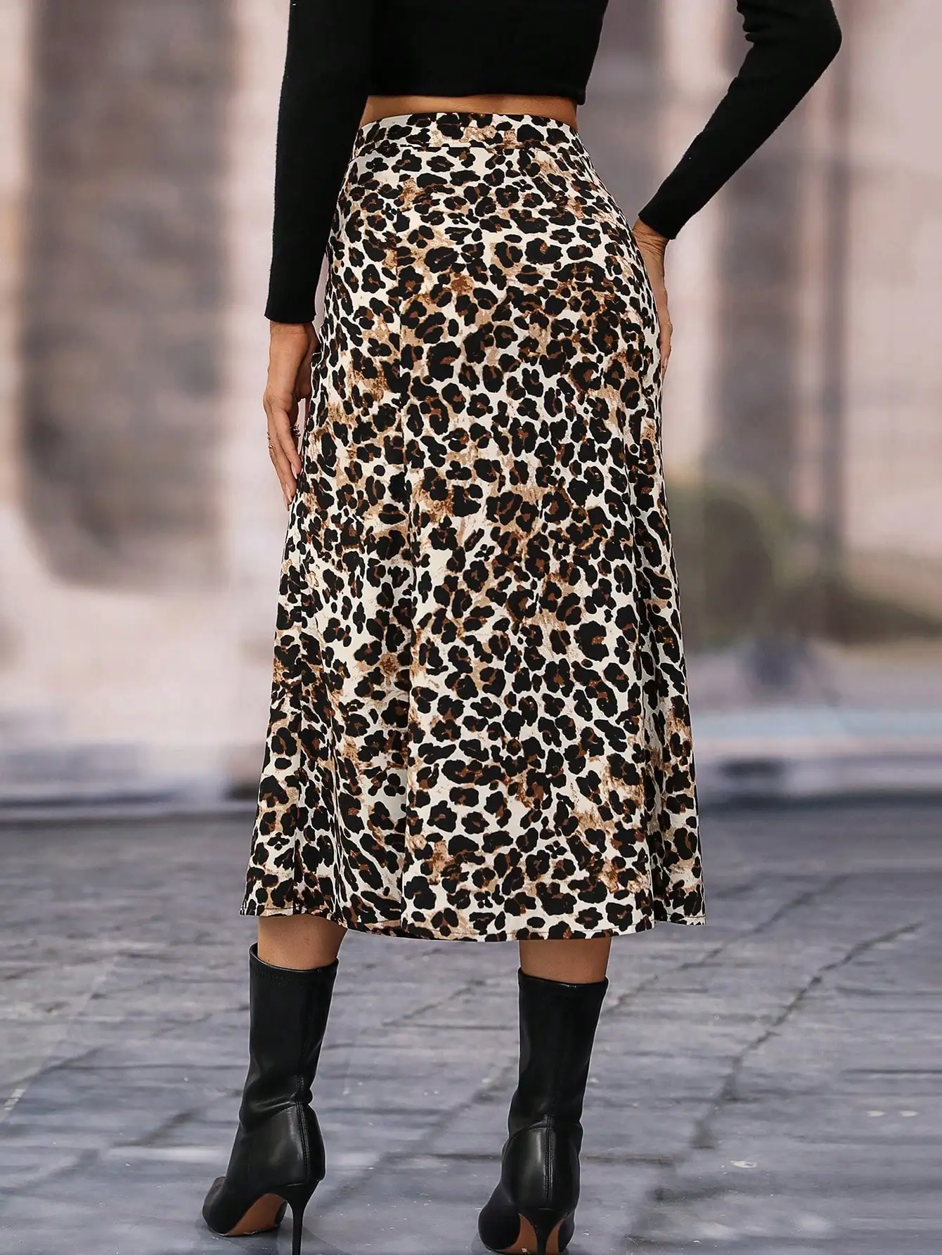 Women Leopard Print Midi Skirt 100% Polyester High Waist A Line Swing Flared Skirt Vintage Casual Mid-Calf Skirts for Ladies